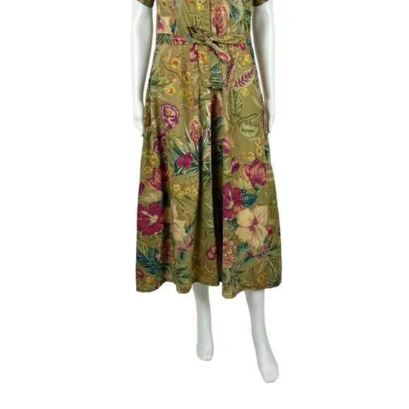 Vintage 70s Safari Dress Women's Medium Olive Hibiscus Floral Tea Length